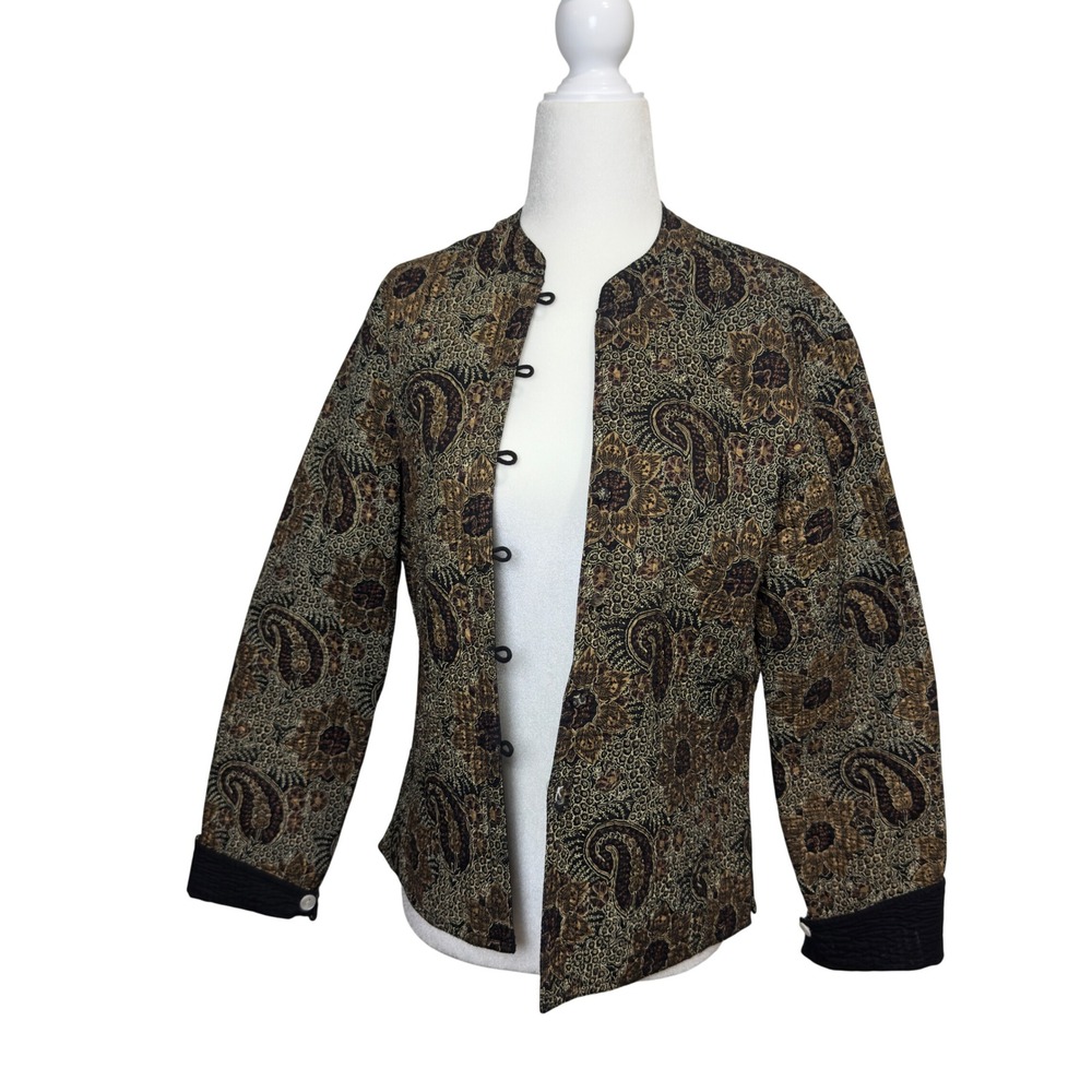 Orvis Women Small Paisley Quilted Cotton Jacket‎ Mandarin Collar Brown